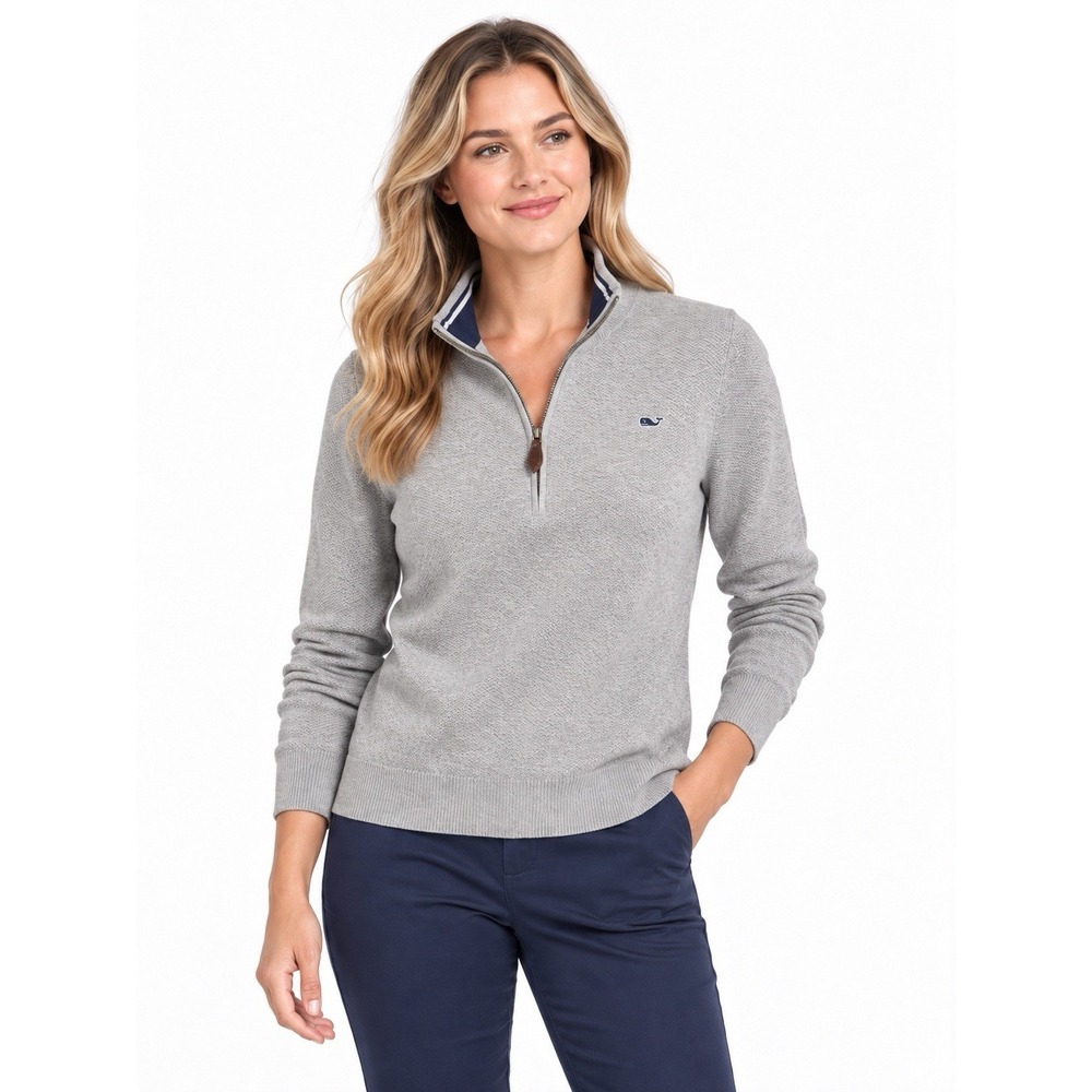 Vineyard Vines Women's L Gray Cotton Pique Knit 1/4 Zip Sweater Preppy